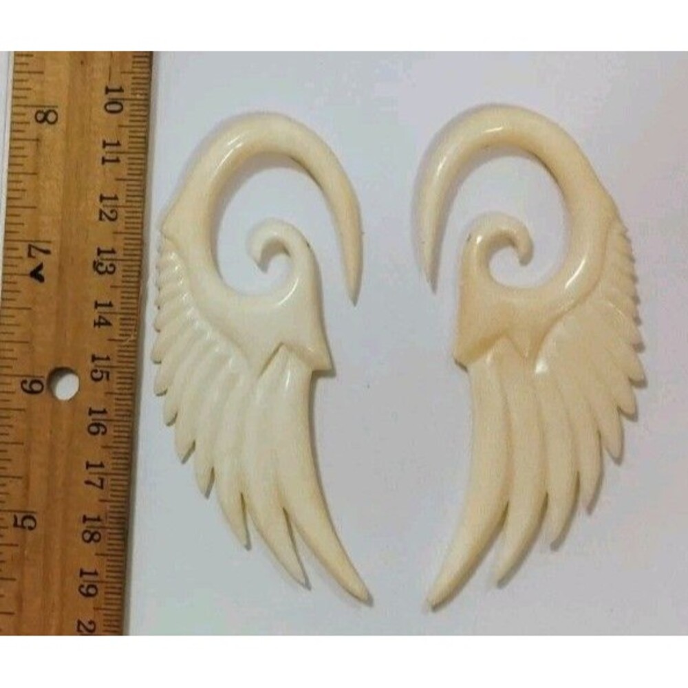 Carved White Bone Swan Wing Ear Hangers Weights Gauges Piercing Pair 0.88oz